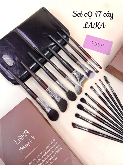 Bộ cọ LAKA 17 cây thân gỗ nâu kèm bao da chất lông mền mịn