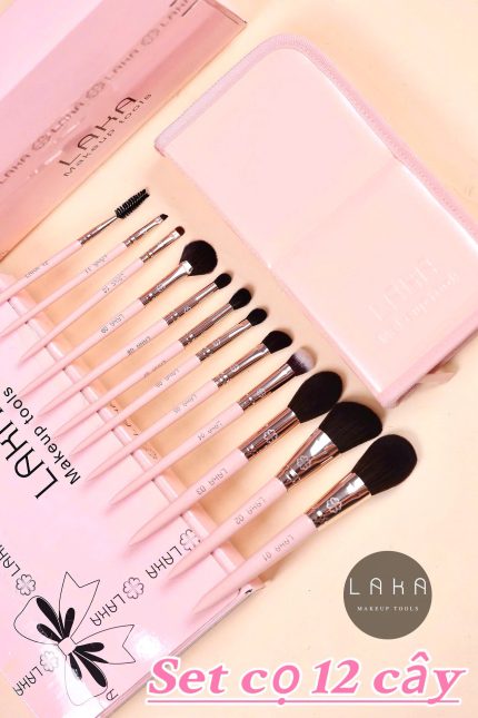 Bộ cọ LAKA 12 cây thân gỗ hồng kèm bao da chất lông mền mịn